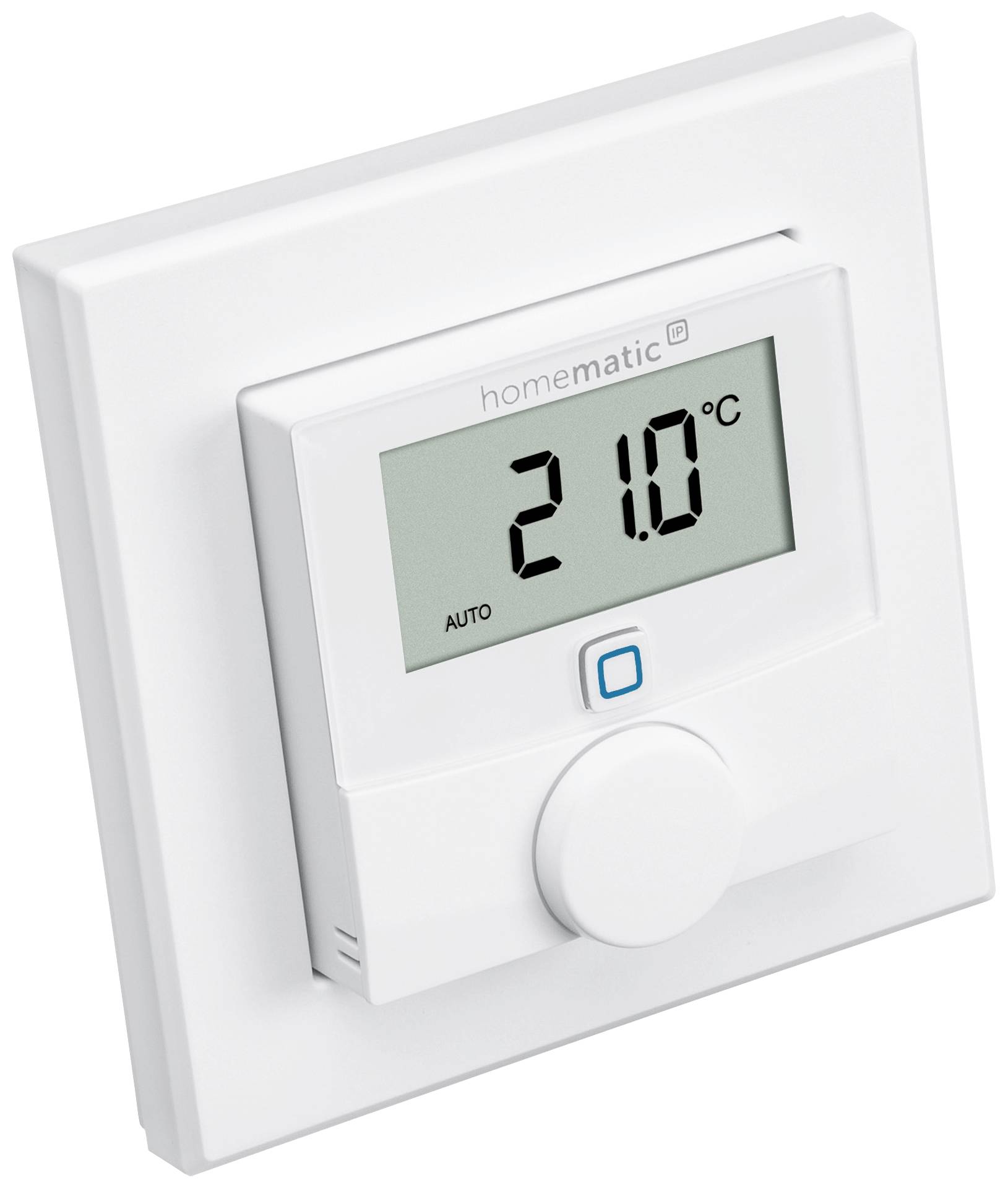 Un thermostat mural blanc affiche 21,0 °C et le mode 'Auto' sur un écran digital.