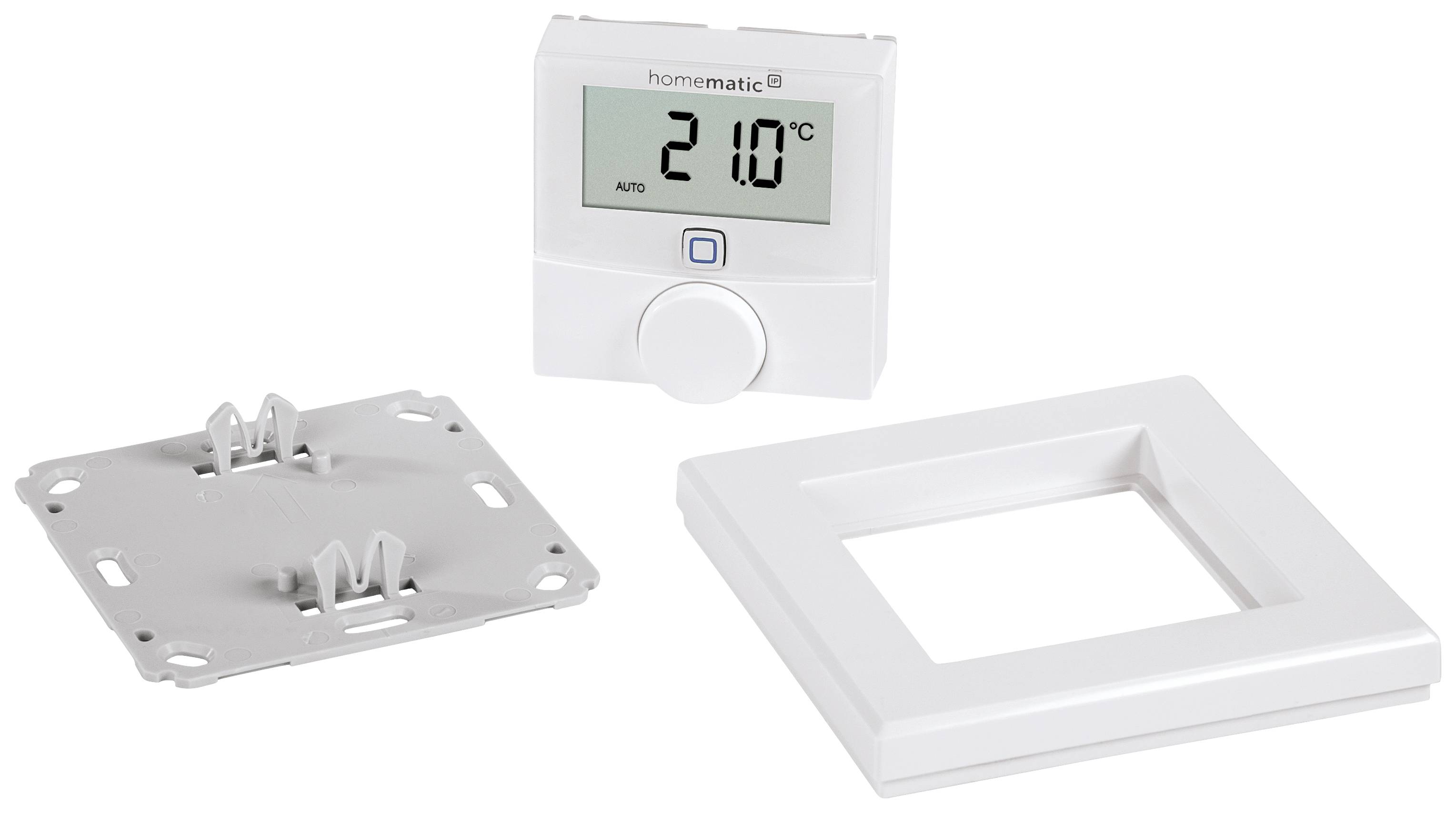Un thermostat numérique affiche '21,0 °C'. À côté se trouvent une plaque de montage et un cadre.