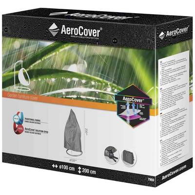 L'emballage d'une housse de protection AeroCover pour mobilier de jardin présente des illustrations du produit, une protection contre les intempéries, dimensions 'Ø100 cm x 200 cm', respirante.