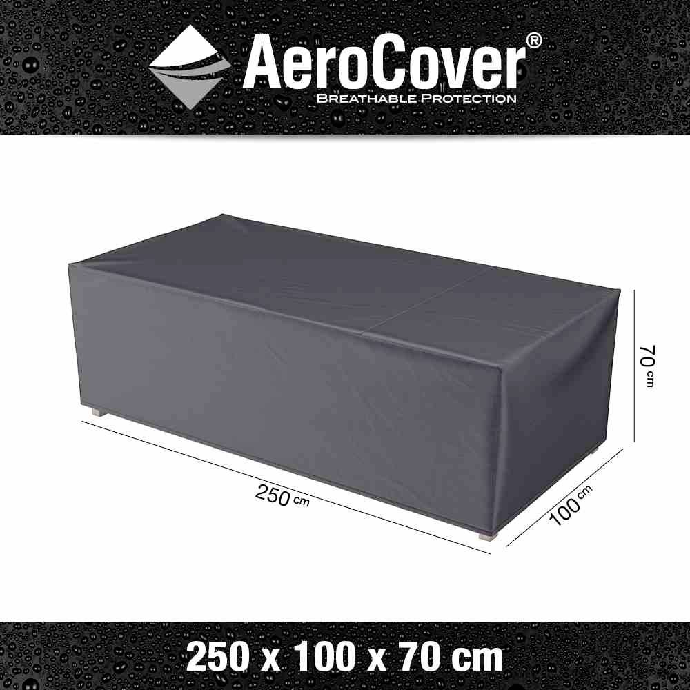 Housse de protection AeroCover pour meubles. Dimensions : 250 x 100 x 70 cm. Forme rectangulaire, offrant une protection respirante.