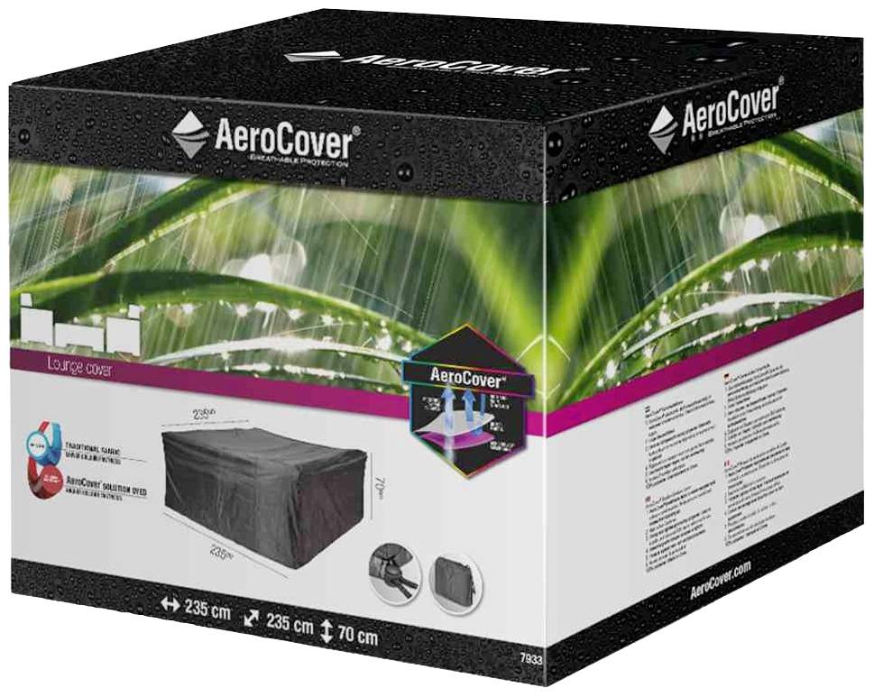 Housse de protection pour meubles de jardin emballée dans un carton. L'impression indique les dimensions 235 x 235 x 70 cm. Le nom de marque 'AeroCover' est visible en haut et sur les côtés.