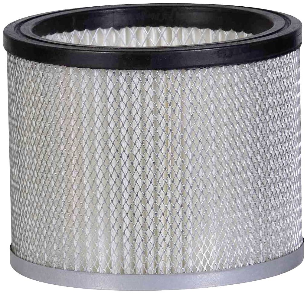 Un filtre à air cylindrique avec grille métallique et bord noir, utilisé pour purifier l'air dans les machines ou les véhicules.