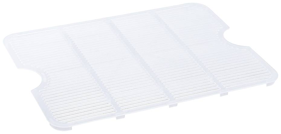 Une grille de rangement rectangulaire blanche en plastique, présentant une surface structurée avec des fentes régulières.
