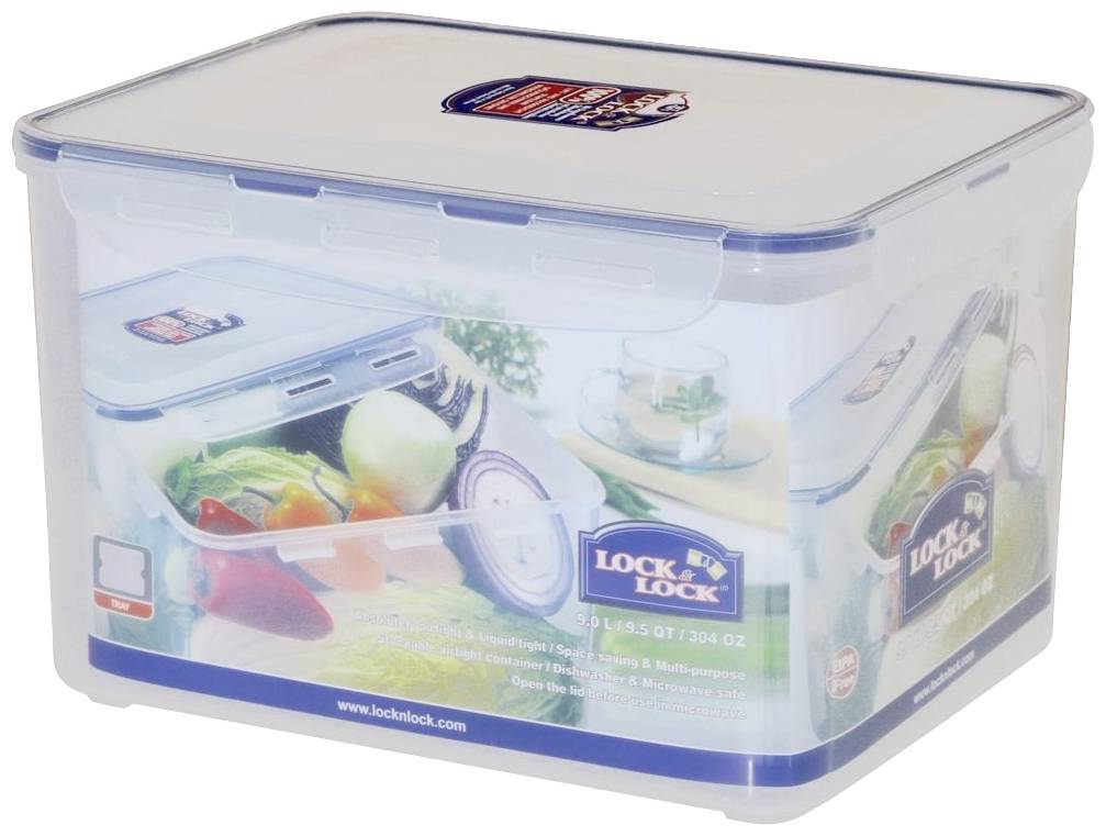 Récipient rectangulaire en plastique transparent de la marque 'Lock & Lock', contenant plusieurs aliments frais à l'intérieur, notamment des légumes.