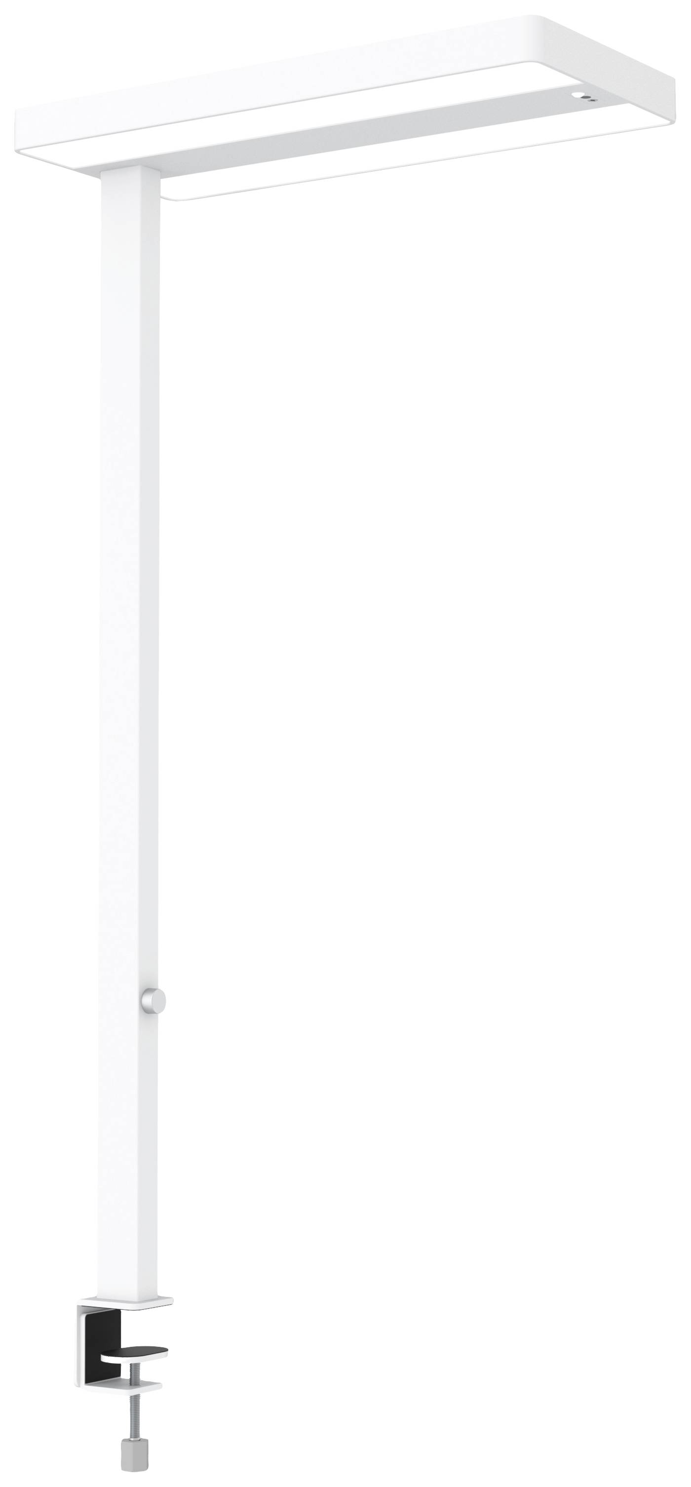 Lampe de table blanche avec pince de fixation pour installation sur le bord d'une table, adaptée à l'éclairage précis des espaces de travail.