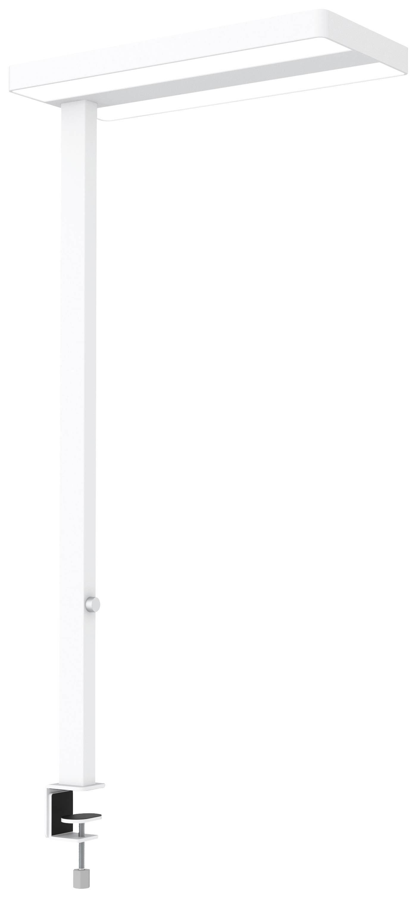Lampe de bureau blanche et rectangulaire, dotée d'une pince de fixation pour l'attacher au bord de la table. Design minimaliste, fonctionnelle.