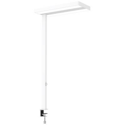 Lampe de bureau blanche et rectangulaire, dotée d'une pince de fixation pour l'attacher au bord de la table. Design minimaliste, fonctionnelle.