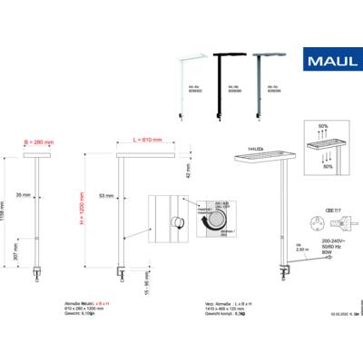 Dessin technique d'une lampe de bureau LED avec dimensions et détails de conception et de fonctionnalités, présenté par MAUL.
