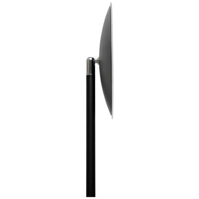 Vue latérale d'un lampadaire moderne noir avec un abat-jour rond, monté sur un support vertical élancé.