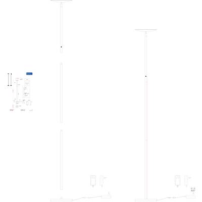Lampadaire avec abat-jour rond, socle long et élancé, base et variateur d'intensité intégré. Indique les dimensions et l'adaptateur secteur.
