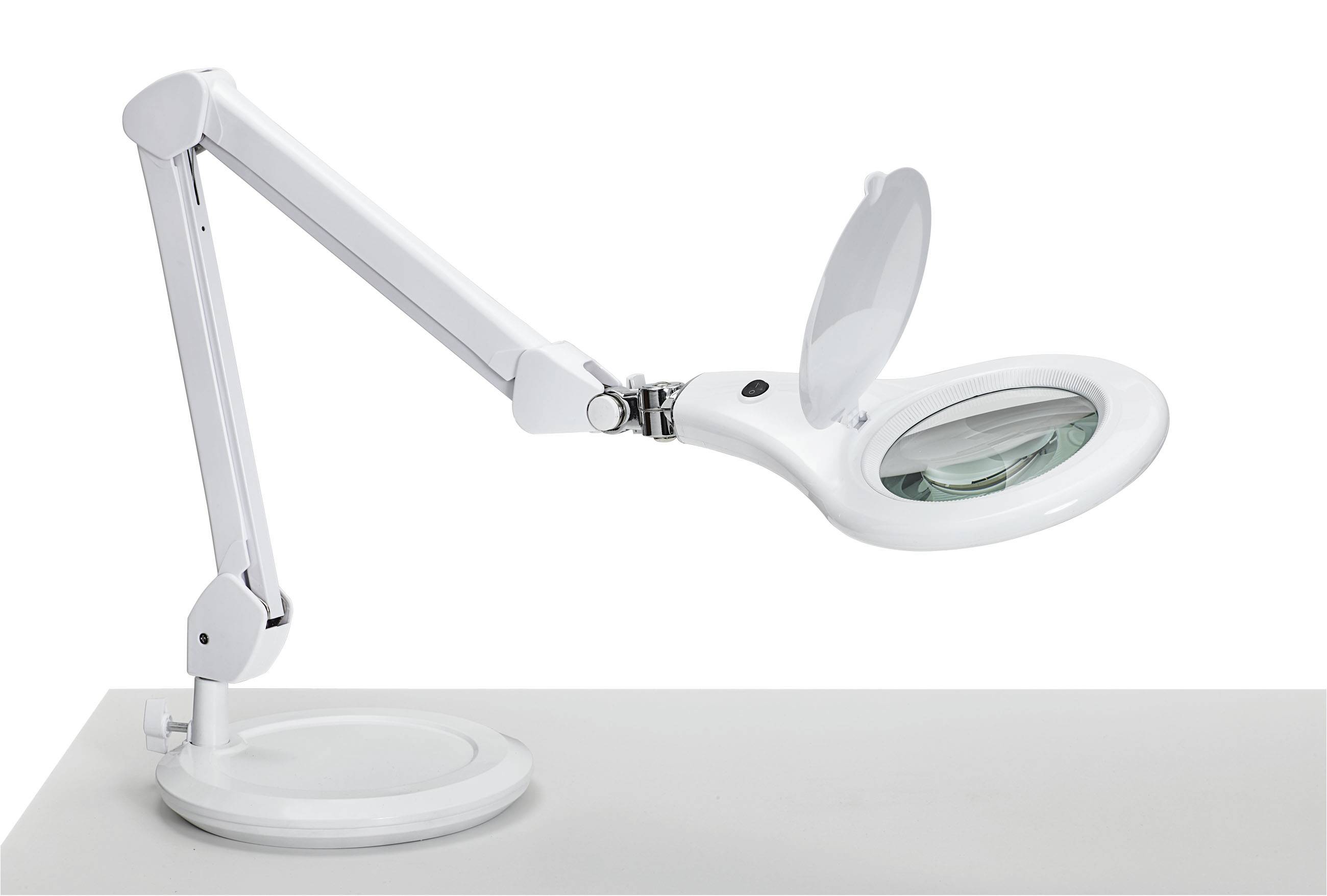Une loupe de bureau blanche avec un bras articulé, posée sur une table, idéale pour des travaux précis ou pour agrandir de petits détails.