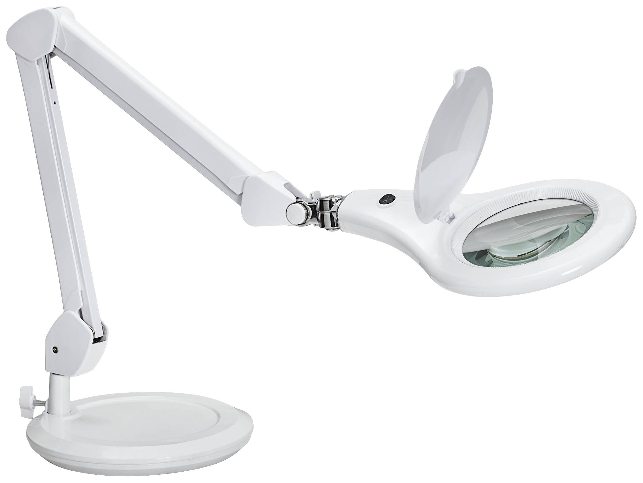 Une lampe loupe LED blanche à bras réglable et base ronde. Elle est adaptée pour grossir de petits détails.