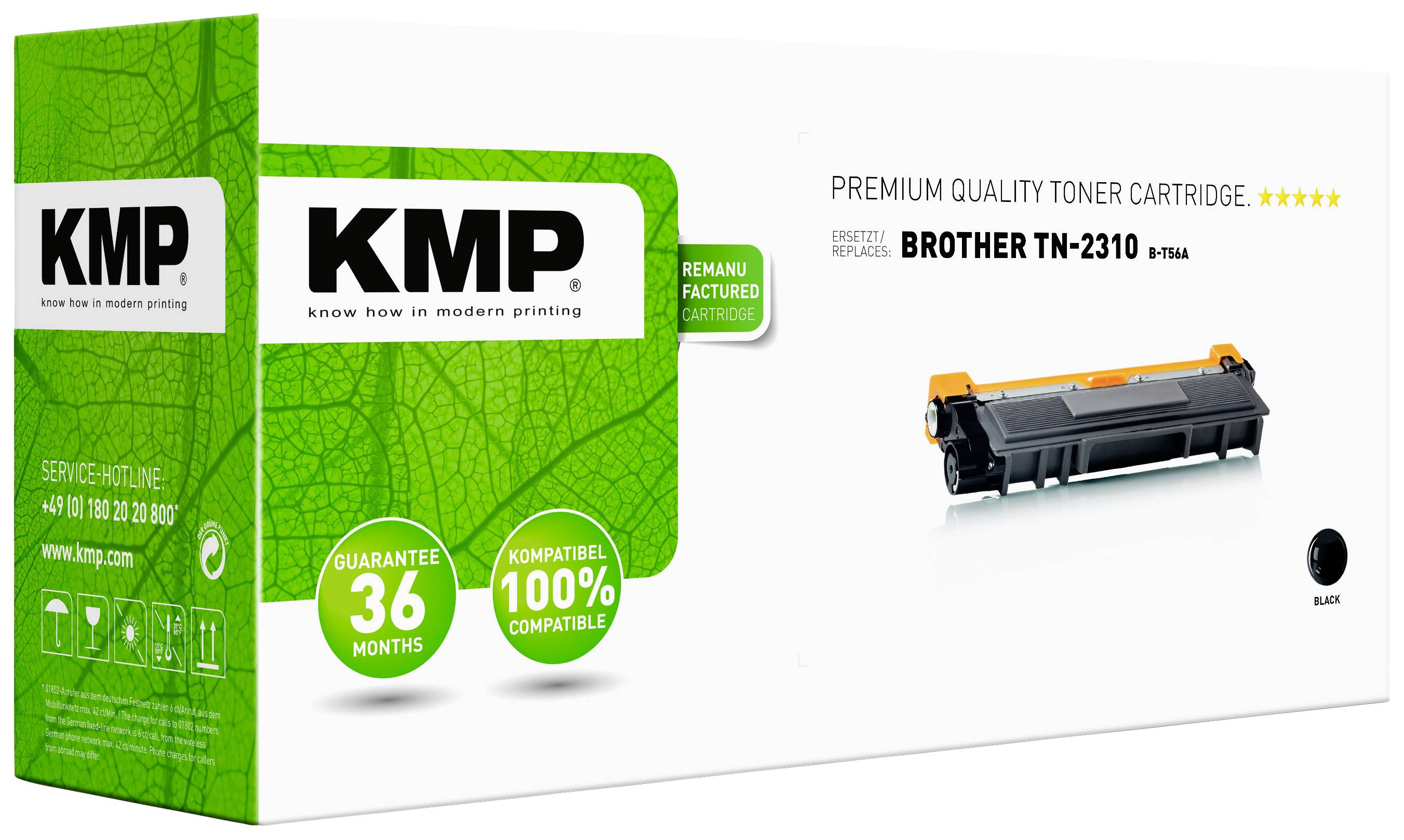Cartouche de toner KMP pour Brother TN-2310. L'emballage indique une garantie de 36 mois et une compatibilité à 100%.
