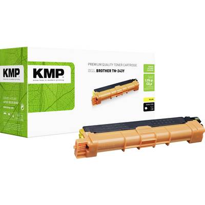 Cartouche de toner KMP de qualité premium pour Brother TN-243Y, présentée avec sa boîte de produit verte et la cartouche de toner orange sur fond blanc.