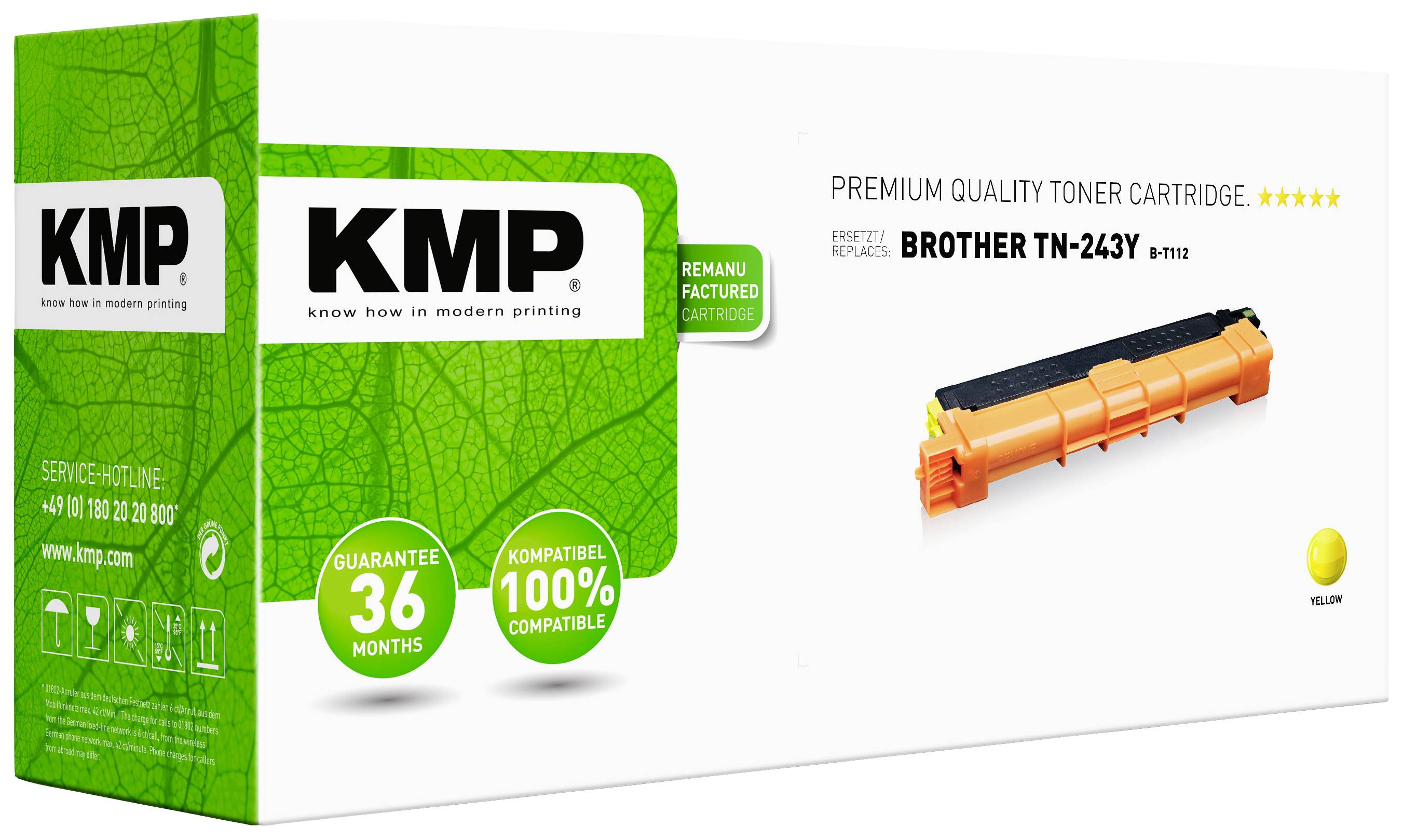 Cartouche de toner de qualité supérieure KMP Premium pour imprimante Brother TN-243Y, jaune. Garantie de 36 mois, 100% compatible, sur fond vert.