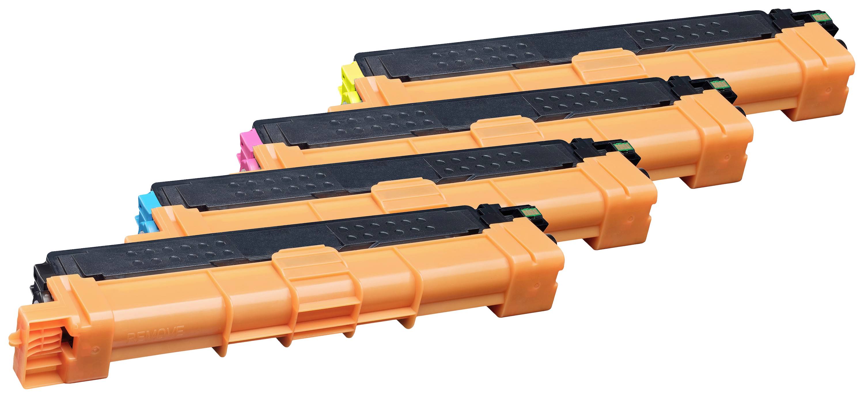 Quatre cartouches de toner colorées en orange, alignées en rangée. Elles représentent des accessoires d'imprimante dans les couleurs cyan, magenta, jaune et noir.