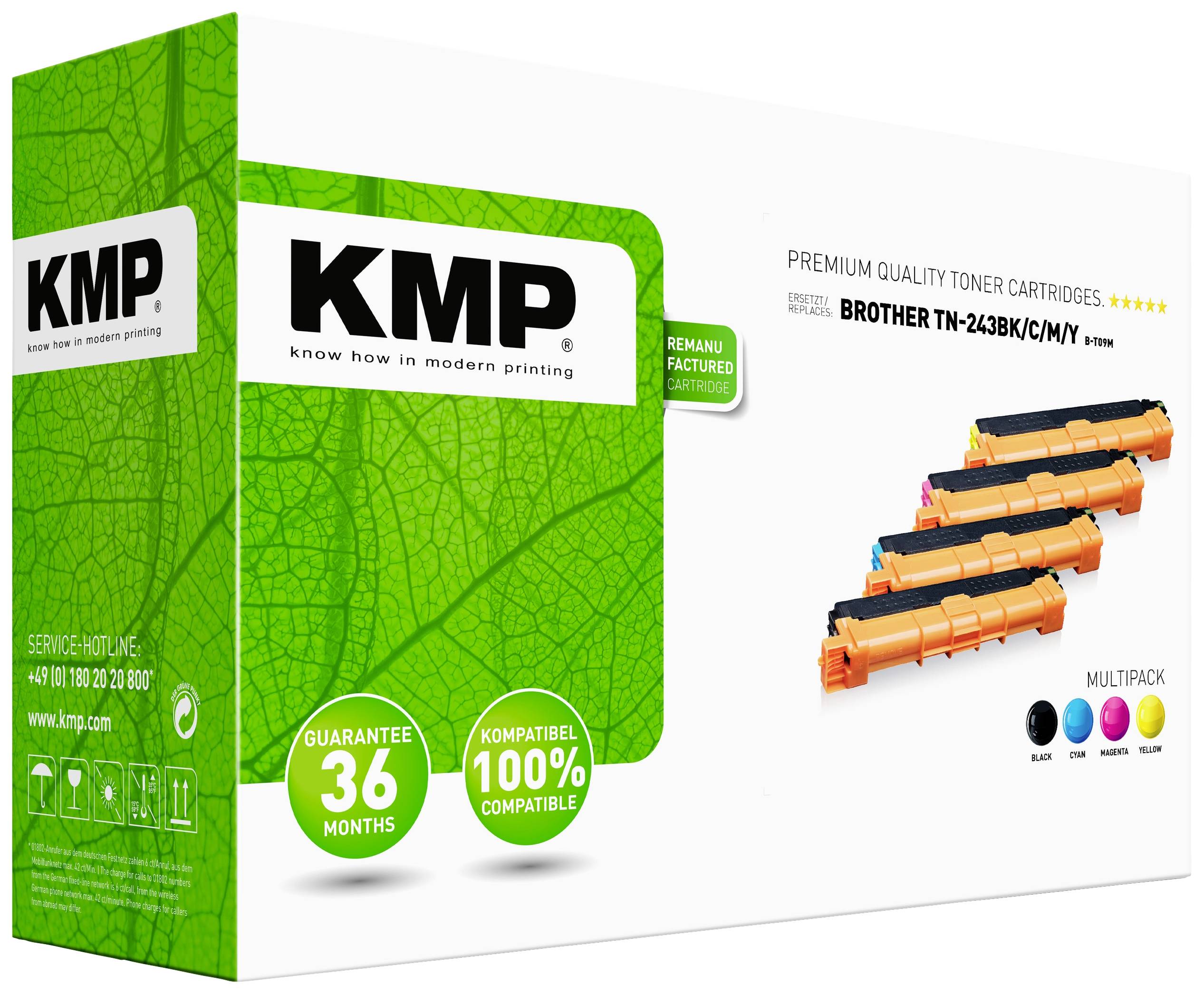 Emballage de toners KMP pour imprimantes Brother, modèles TN-243BK/C/M/Y. Contient quatre cartouches de toner. Garantie de 36 mois.