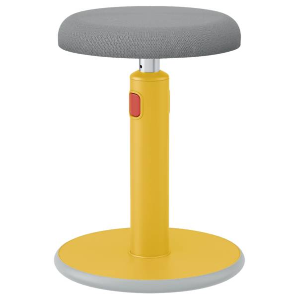 Un tabouret pivotant jaune réglable en hauteur, doté d'un assise grise et d'un bouton rouge, adapté pour des solutions d'assise flexibles dans les bureaux.