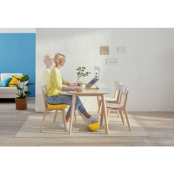 Une femme est assise à une table et travaille sur un ordinateur portable. Elle est assise droite avec un support ergonomique. En arrière-plan, on aperçoit des accessoires de décoration intérieure clairs.
