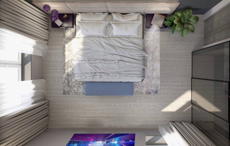 Vue de dessus d'une chambre moderne avec un lit double, deux tables de chevet, un tapis, des plantes, des fenêtres et une décoration murale.