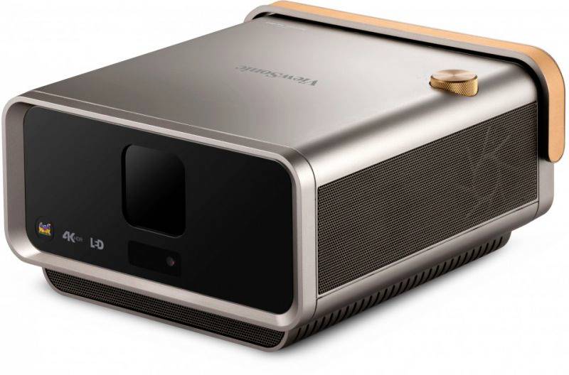 Projecteur 4K moderne avec boîtier métallique mat et bords arrondis, adapté aux cinémas maison et aux présentations.