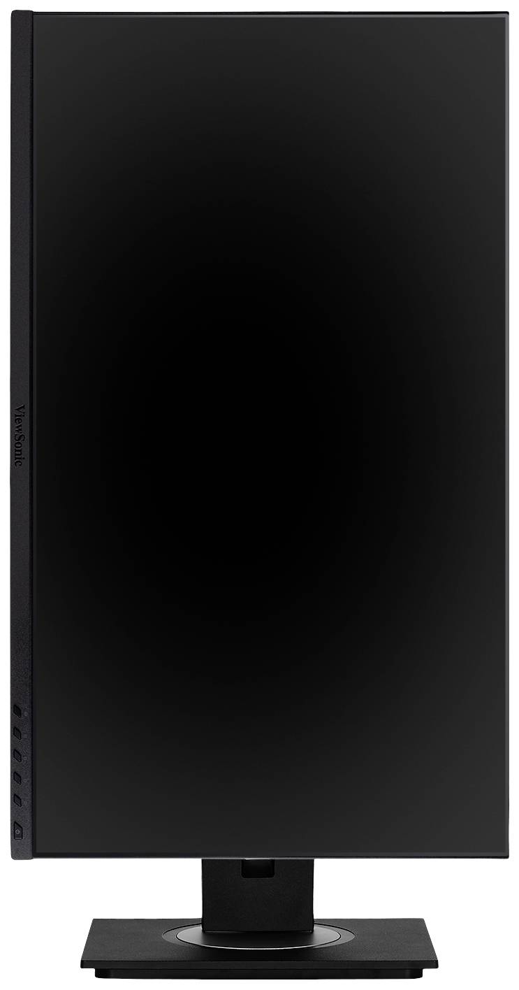 Un écran d'ordinateur noir monté verticalement sur un support noir. L'écran est éteint.