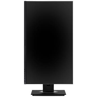 Un écran d'ordinateur noir monté verticalement sur un support noir. L'écran est éteint.