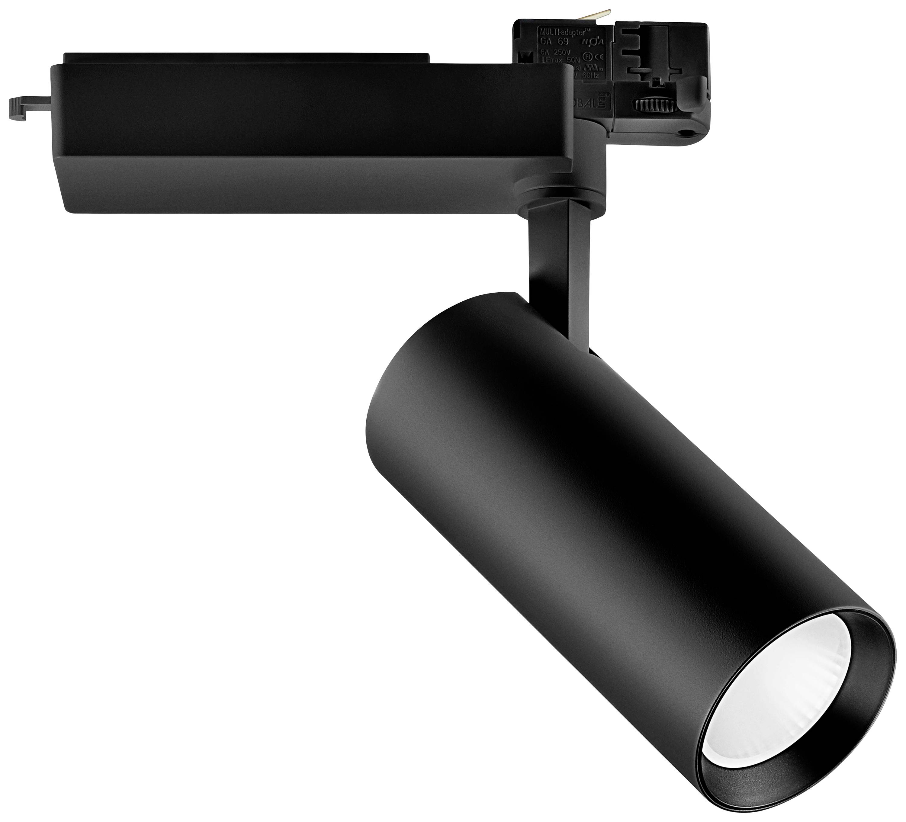 Un projecteur LED cylindrique noir pour rail, adapté à l'éclairage dans des espaces intérieurs modernes.