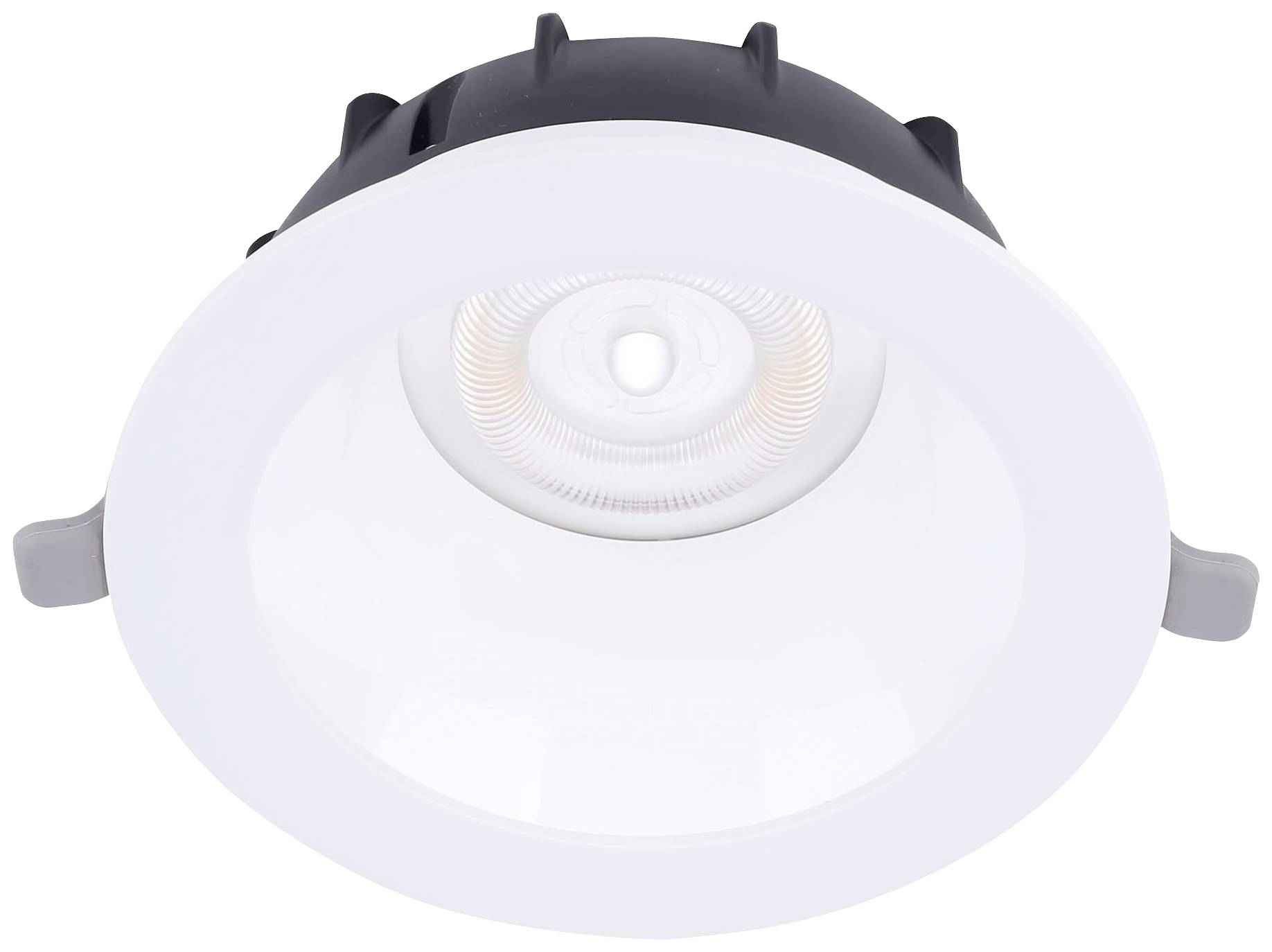 Luminaire encastré de plafond rond à LED blanches avec bordure noire, conçu pour un aménagement d'éclairage moderne.
