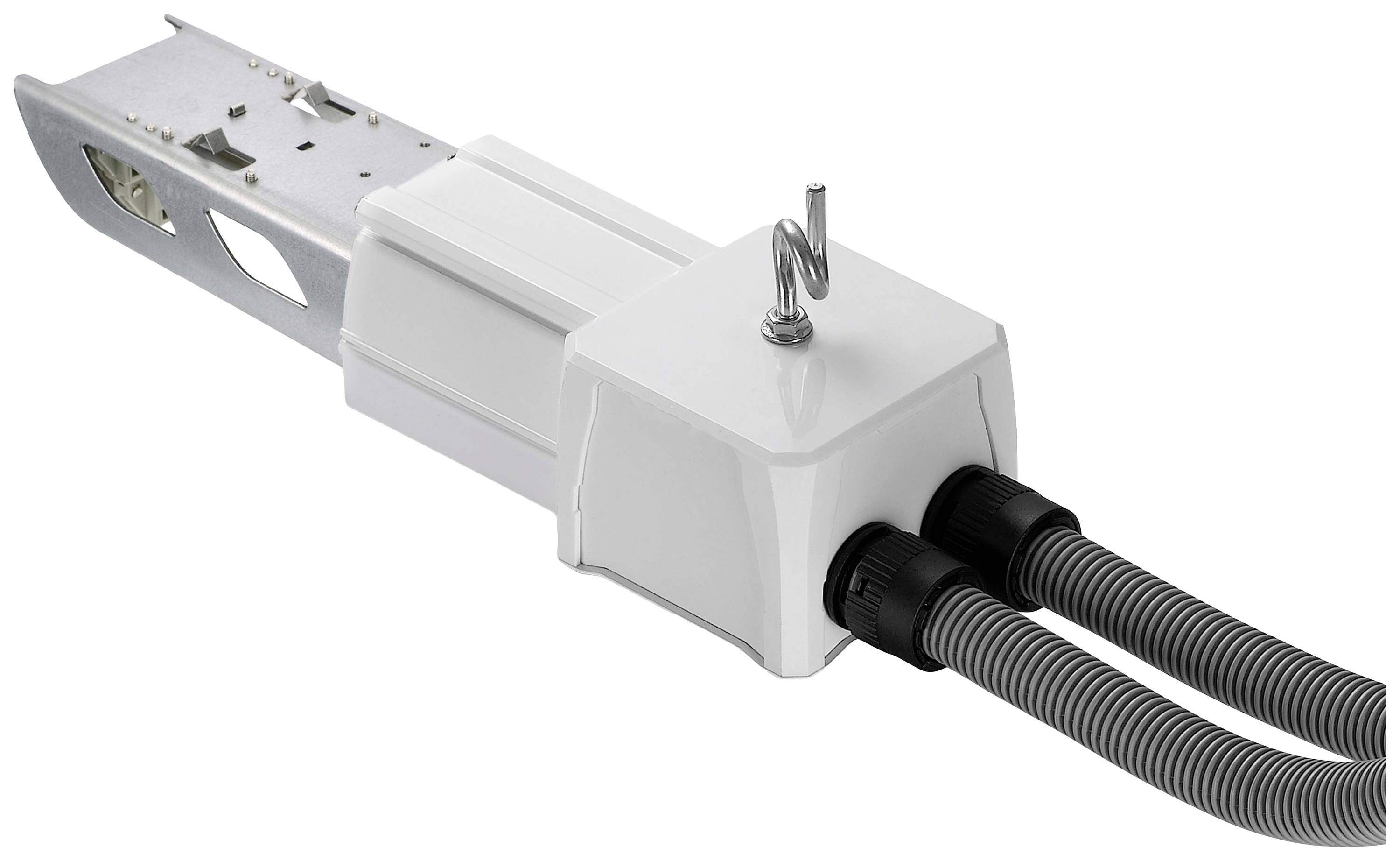 Un dispositif mécanique blanc avec une pièce métallique et deux câbles gris connectés. Probablement un connecteur ou un raccord.