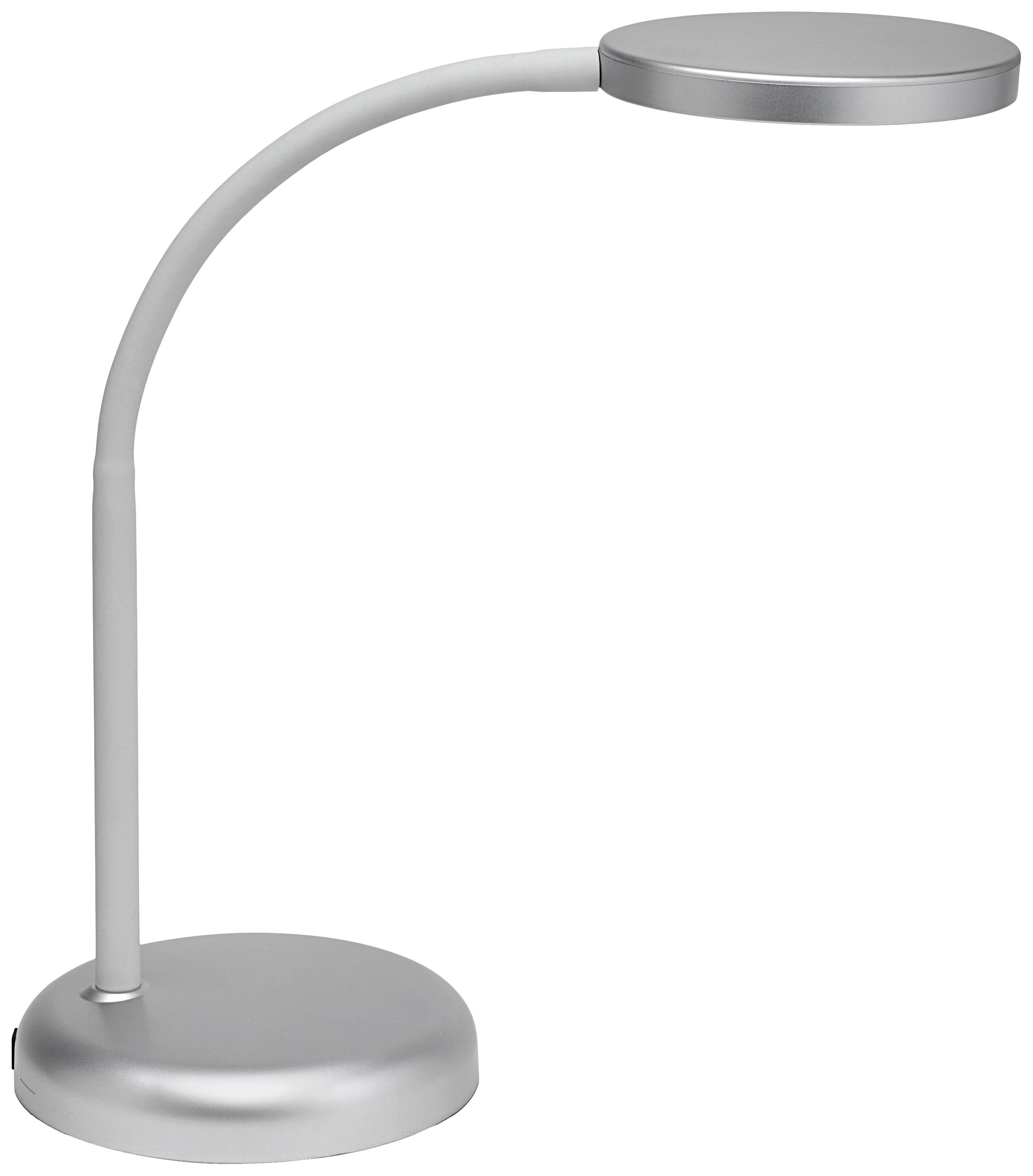 Une lampe de table moderne en argent avec un bras incurvé et un abat-jour rond. Idéale pour les espaces de travail ou de lecture.