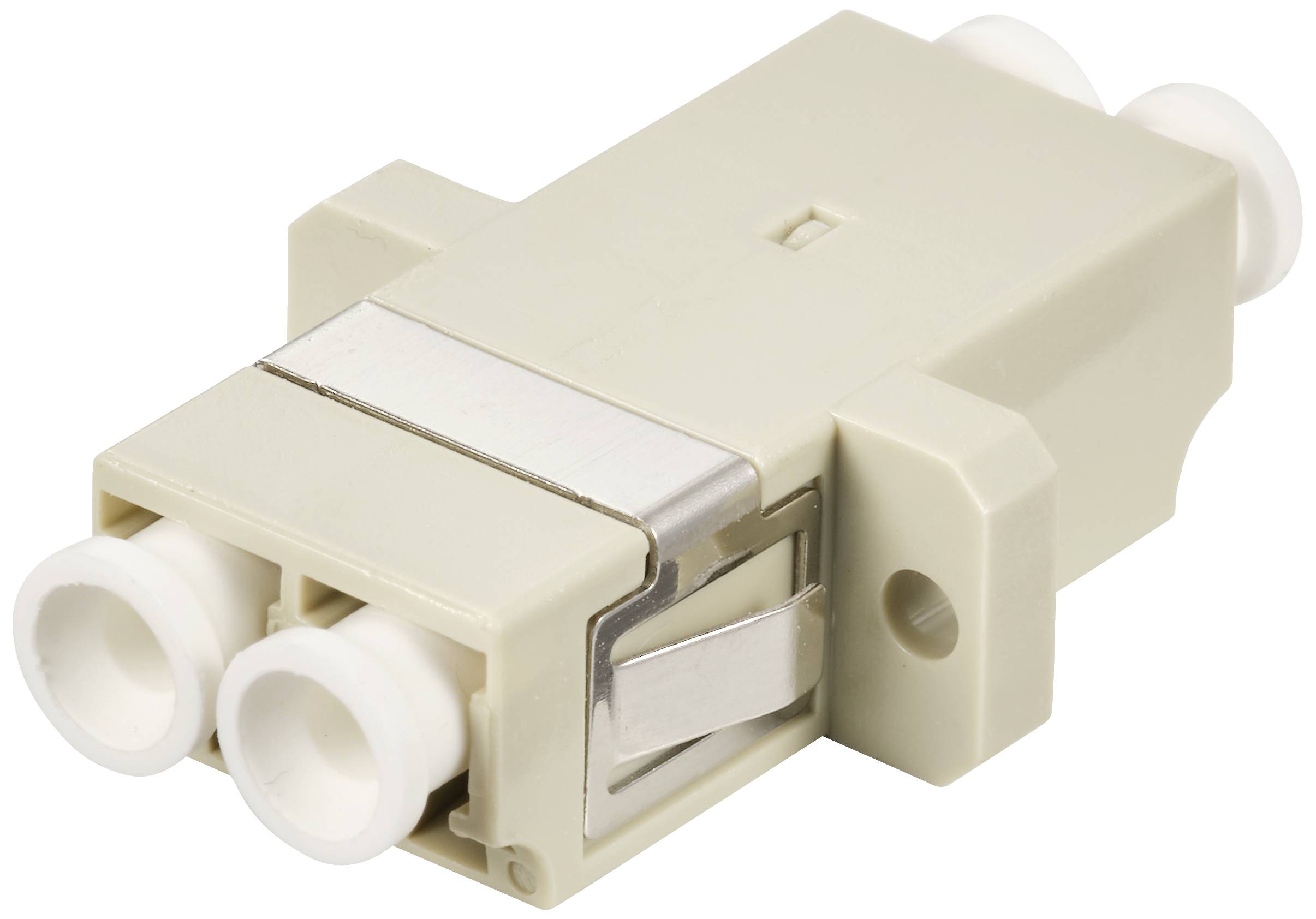 Adaptateur fibre optique LC duplex en beige avec clip métallique, pour connecter deux câbles optiques dans les systèmes réseau.
