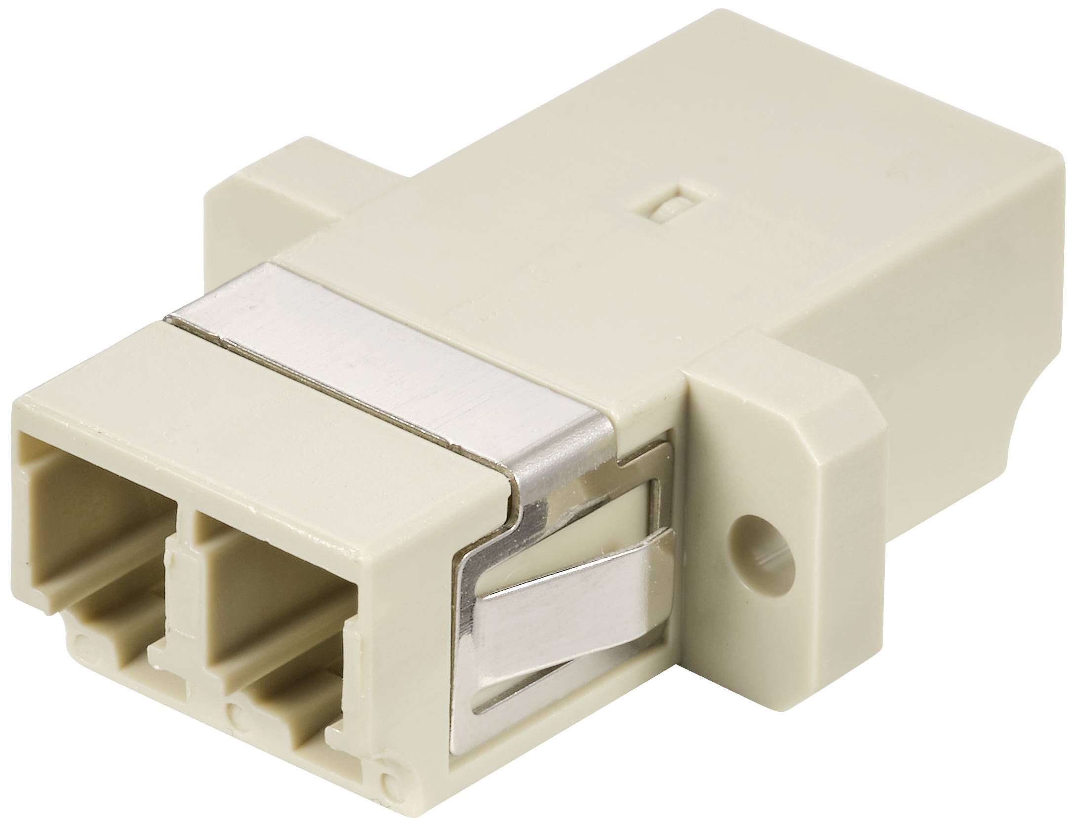'Coupleur LWL LC Duplex, beige, pour câbles à fibre optique, deux raccordements LC avec patte métallique, forme rectangulaire, trou de fixation latéral.'