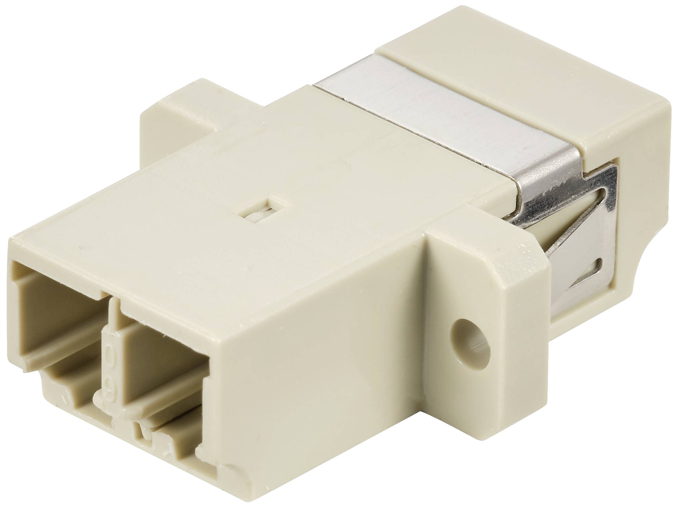 Un adaptateur beige de forme rectangulaire avec un clip métallique. Utilisé pour la connexion de câbles à fibre optique.
