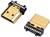 Deux fiches HDMI dorées avec des boîtiers en plastique noir et des contacts métalliques, généralement utilisées pour les connexions audio et vidéo.