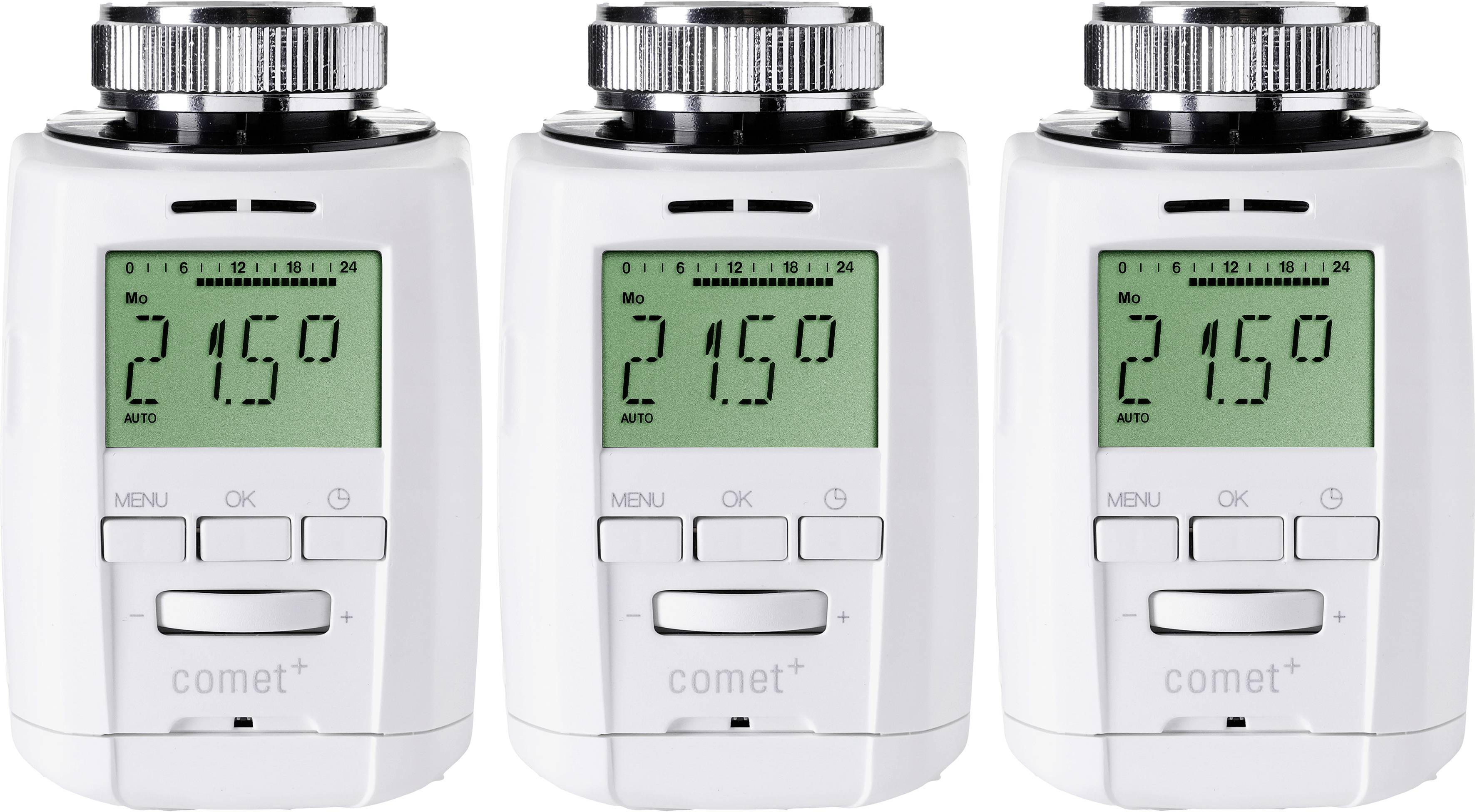 Trois thermostats numériques de chauffage avec affichage de la température à 21,5 degrés Celsius sur des écrans LED, chacun équipé de touches de menu en dessous.