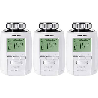 Trois thermostats numériques de chauffage avec affichage de la température à 21,5 degrés Celsius sur des écrans LED, chacun équipé de touches de menu en dessous.