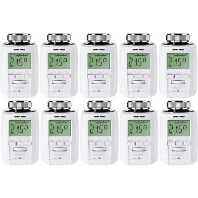 Dix thermostats numériques alignés, tous affichant 21,5 degrés Celsius.