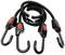 Une corde élastique noire avec des crochets aux deux extrémités, utilisée pour attacher et sécuriser des objets, avec un marquage rouge sur les crochets.