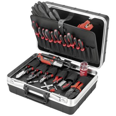 Une boîte à outils ouverte avec divers outils manuels, comprenant des tournevis, des pinces et des gants, rangés dans des compartiments ordonnés.