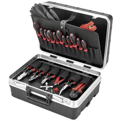 'Boîte à outils noire ouverte, montrant des outils à main bien rangés tels que des pinces, des tournevis et des coupe-câbles avec des poignées rouges.'