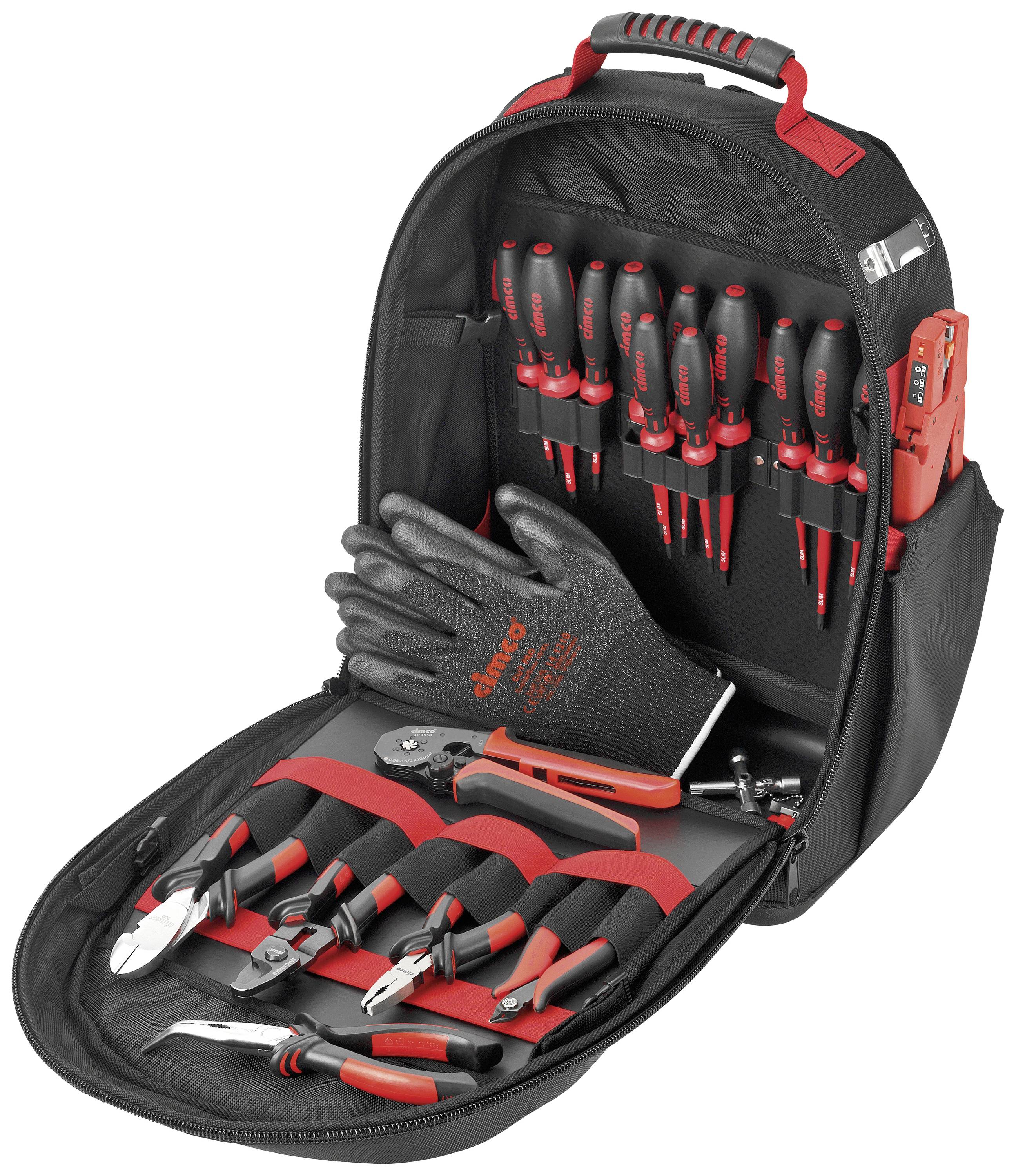 Trousse à outils avec couvercle ouvert montrant divers outils manuels : tournevis, pinces, gants et appareil de mesure.