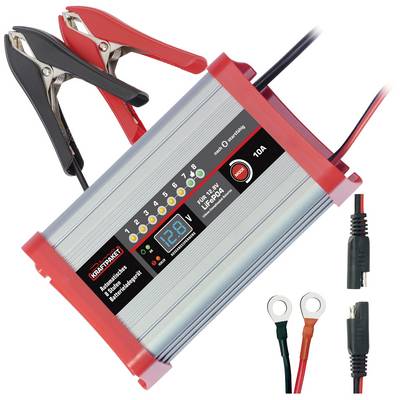Un chargeur de batterie automatique avec affichage LED, câbles de charge et pinces, adapté à différents types de batteries.