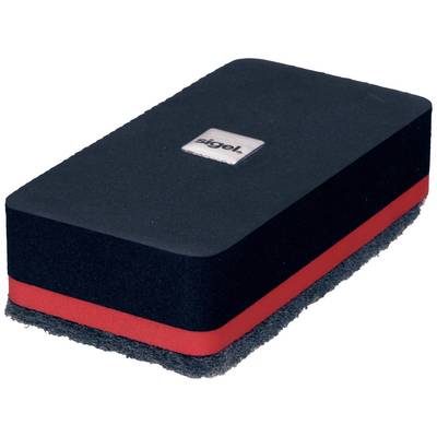 Effaceur de tableau noir avec surface noire et bande rouge, détail du logo visible en haut.