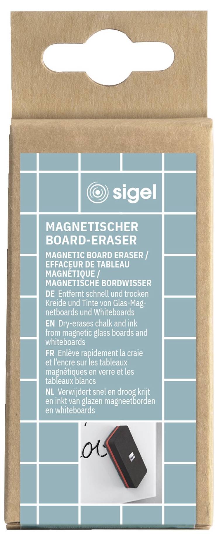 Emballage pour un effaceur de tableau magnétique Sigel, présenté dans une boîte en carton brun avec une étiquette bleu-vert et une image du produit.