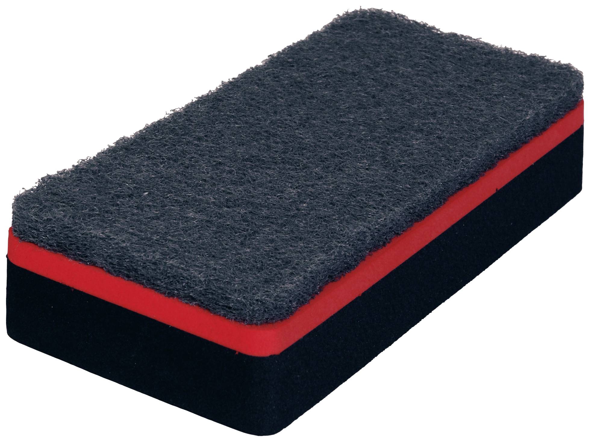 Un effaceur de tableau rectangulaire à double couche noir et rouge, destiné à nettoyer les surfaces de tableau.