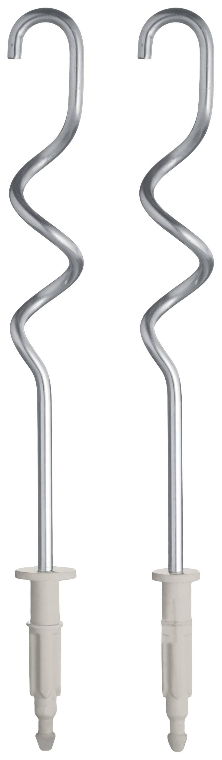 Deux crochets pétrisseurs spiralés en métal, adaptés pour mixeur. Ils sont munis d'un manche en plastique avec un mécanisme de fixation à l'extrémité.