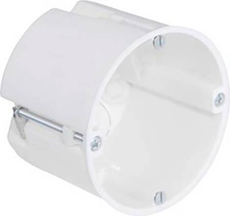 Boîte d'encastrement blanche, ronde, avec des ouvertures latérales et des bornes à vis, couramment utilisée pour les installations électriques dans les murs.