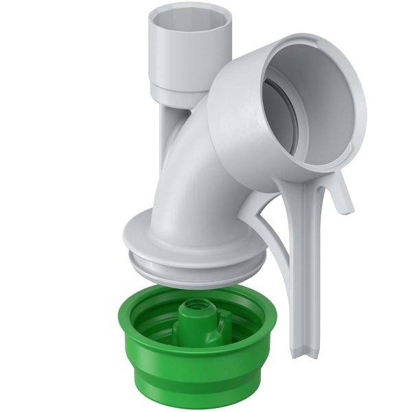 Raccord sanitaire blanc en plastique avec bouchon vert, utilisé dans les tuyaux d'évacuation pour des connexions sécurisées.