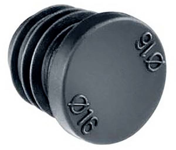 Bouchon noir en plastique rond avec bordure striée, diamètre Ø16. Utilisé pour couvrir les extrémités ouvertes de tuyaux.